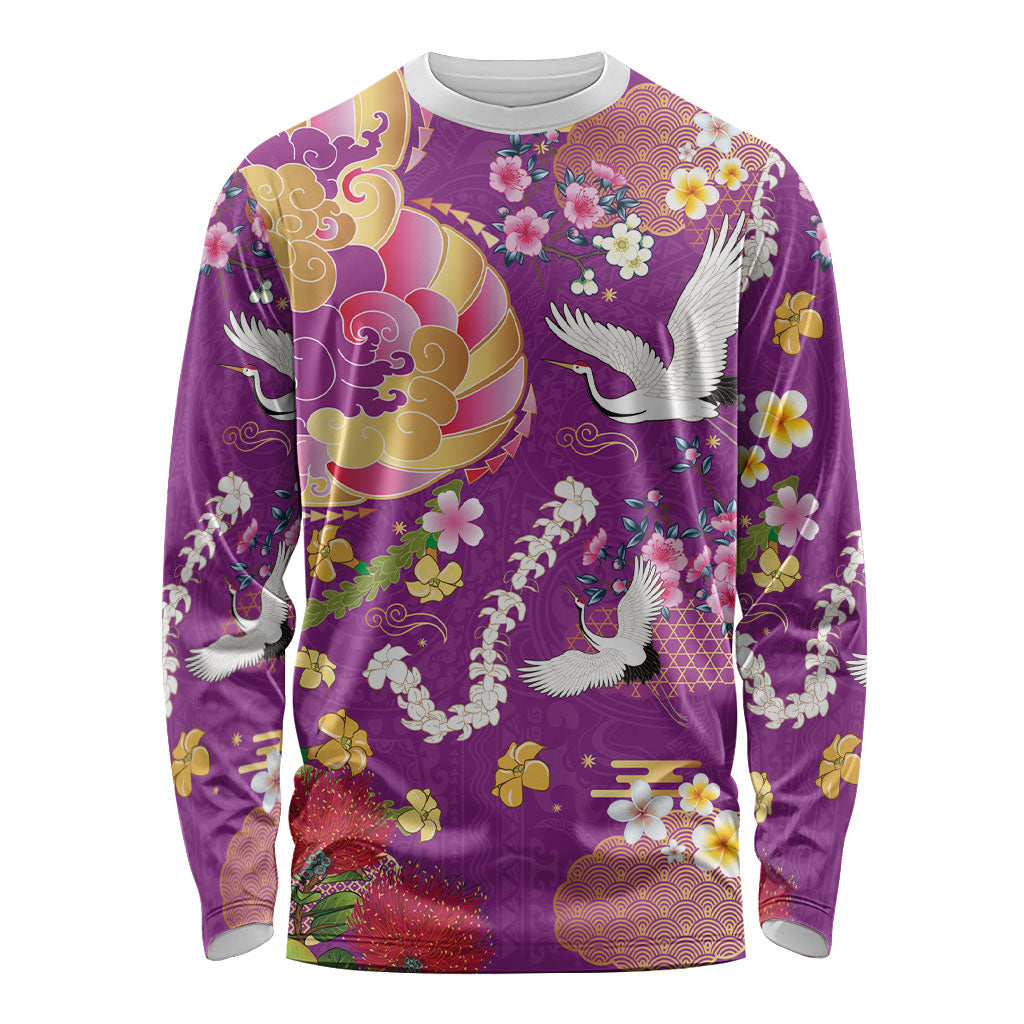 Hawaiian and Japanese Culture Together Long Sleeve Shirt Kakau Tribal Pattern and Irezumi Art Purple Color LT03 Unisex Purple - Polynesian Pride