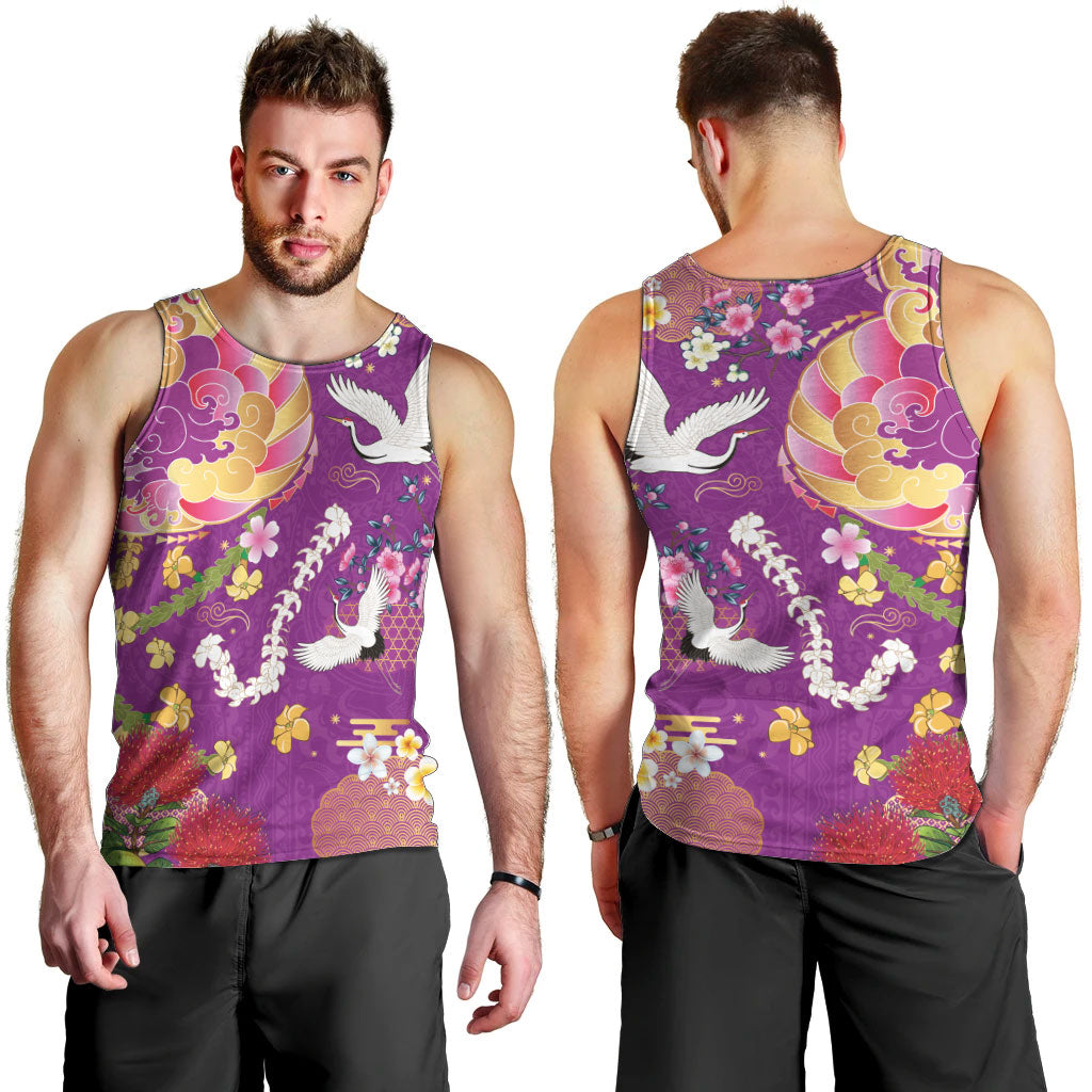 Hawaiian and Japanese Culture Together Men Tank Top Kakau Tribal Pattern and Irezumi Art Purple Color