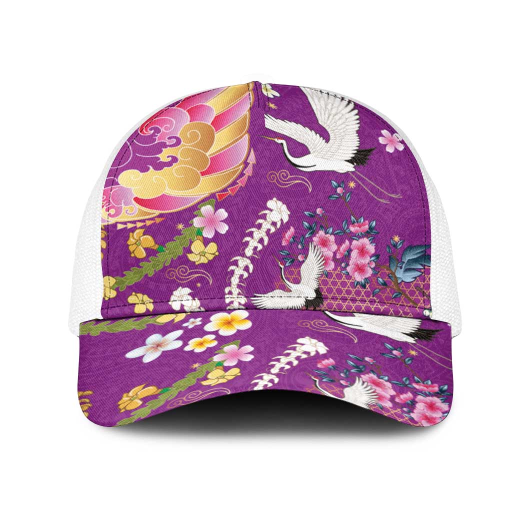 Hawaiian and Japanese Culture Together Mesh Trucker Cap Kakau Tribal Pattern and Irezumi Art Purple Color