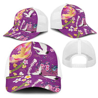 Hawaiian and Japanese Culture Together Mesh Trucker Cap Kakau Tribal Pattern and Irezumi Art Purple Color