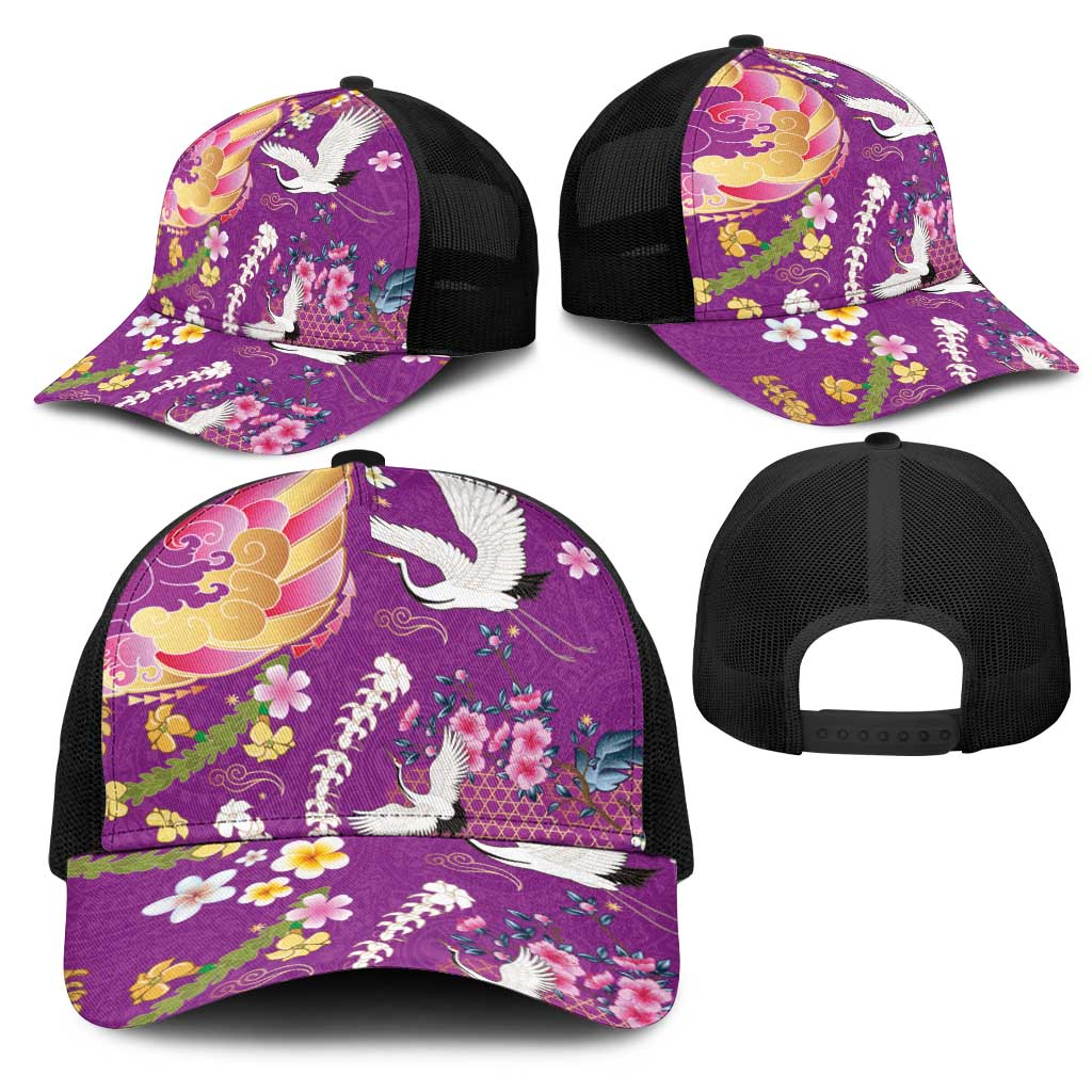 Hawaiian and Japanese Culture Together Mesh Trucker Cap Kakau Tribal Pattern and Irezumi Art Purple Color