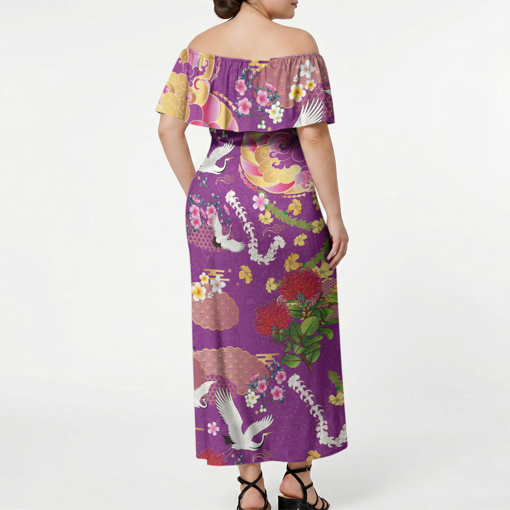 Hawaiian and Japanese Culture Together Off Shoulder Maxi Dress Kakau Tribal Pattern and Irezumi Art Purple Color