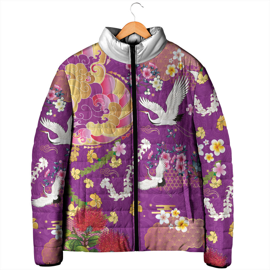 Hawaiian and Japanese Culture Together Padded Jacket Kakau Tribal Pattern and Irezumi Art Purple Color
