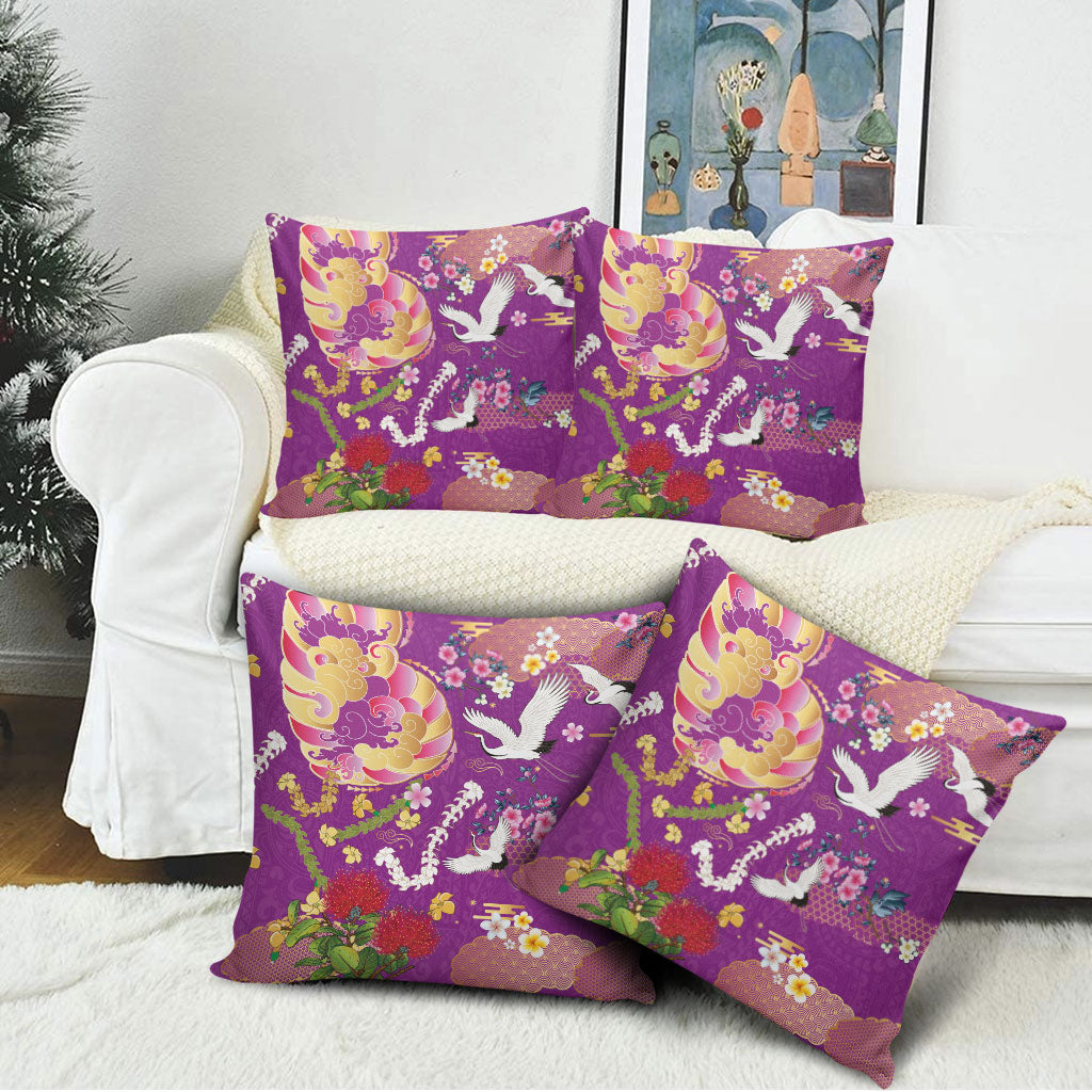 Hawaiian and Japanese Culture Together Pillow Cover Kakau Tribal Pattern and Irezumi Art Purple Color