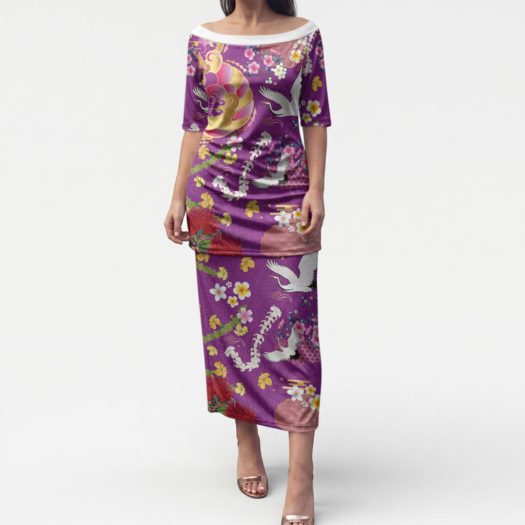 Hawaiian and Japanese Culture Together Puletasi Kakau Tribal Pattern and Irezumi Art Purple Color
