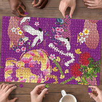 Hawaiian and Japanese Culture Together Puzzle Kakau Tribal Pattern and Irezumi Art Purple Color