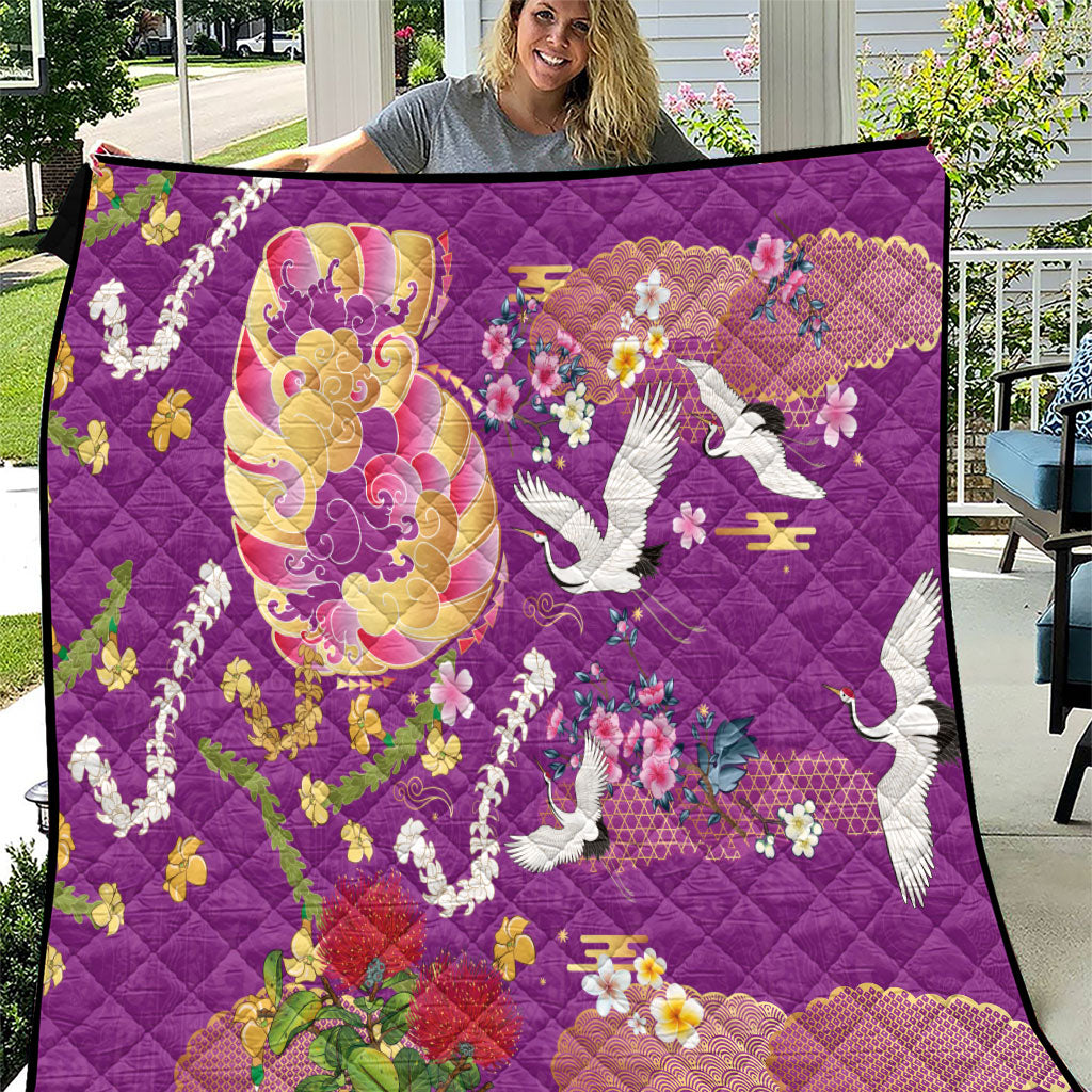 Hawaiian and Japanese Culture Together Quilt Kakau Tribal Pattern and Irezumi Art Purple Color