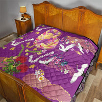 Hawaiian and Japanese Culture Together Quilt Kakau Tribal Pattern and Irezumi Art Purple Color