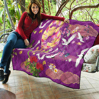 Hawaiian and Japanese Culture Together Quilt Kakau Tribal Pattern and Irezumi Art Purple Color