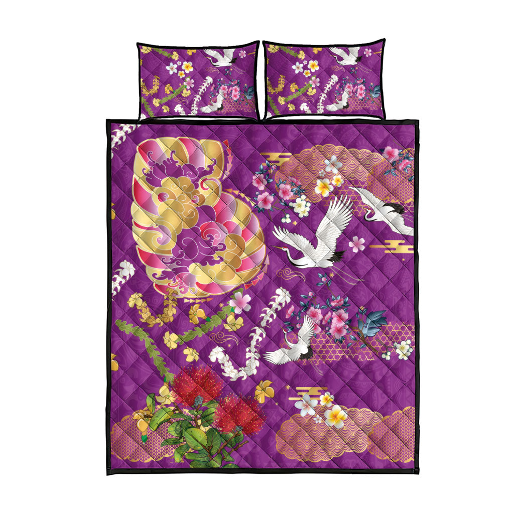 Hawaiian and Japanese Culture Together Quilt Bed Set Kakau Tribal Pattern and Irezumi Art Purple Color