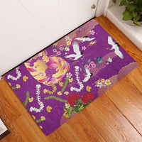 Hawaiian and Japanese Culture Together Rubber Doormat Kakau Tribal Pattern and Irezumi Art Purple Color