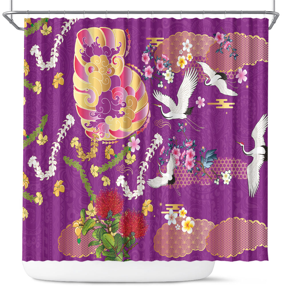 Hawaiian and Japanese Culture Together Shower Curtain Kakau Tribal Pattern and Irezumi Art Purple Color