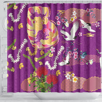 Hawaiian and Japanese Culture Together Shower Curtain Kakau Tribal Pattern and Irezumi Art Purple Color