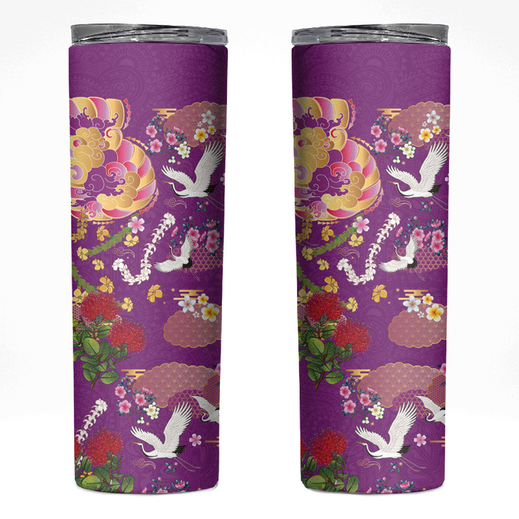 Hawaiian and Japanese Culture Together Skinny Tumbler Kakau Tribal Pattern and Irezumi Art Purple Color