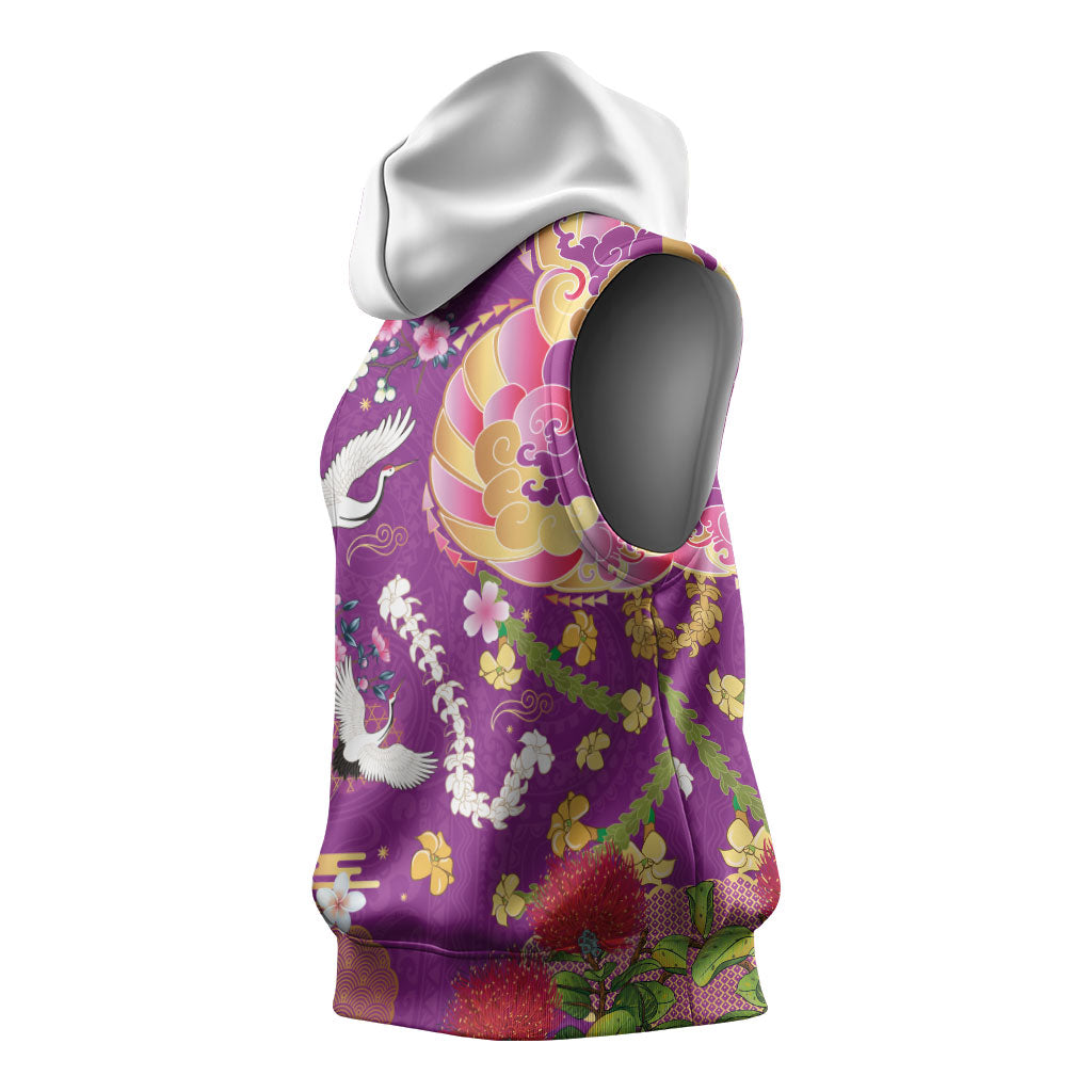 Hawaiian and Japanese Culture Together Sleeveless Hoodie Kakau Tribal Pattern and Irezumi Art Purple Color