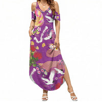 Hawaiian and Japanese Culture Together Summer Maxi Dress Kakau Tribal Pattern and Irezumi Art Purple Color