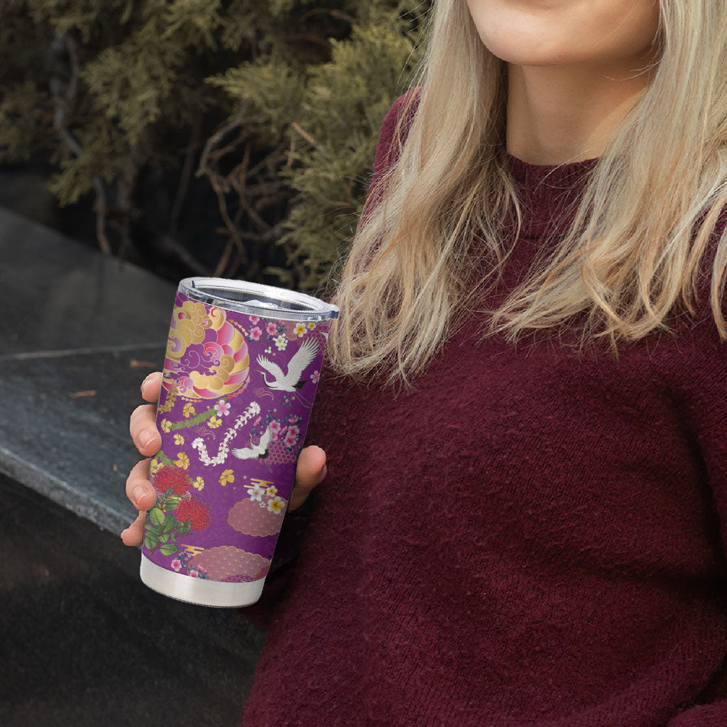 Hawaiian and Japanese Culture Together Tumbler Cup Kakau Tribal Pattern and Irezumi Art Purple Color