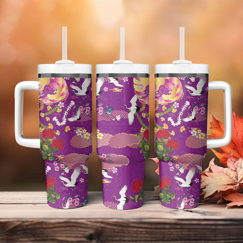 Hawaiian and Japanese Culture Together Tumbler With Handle Kakau Tribal Pattern and Irezumi Art Purple Color