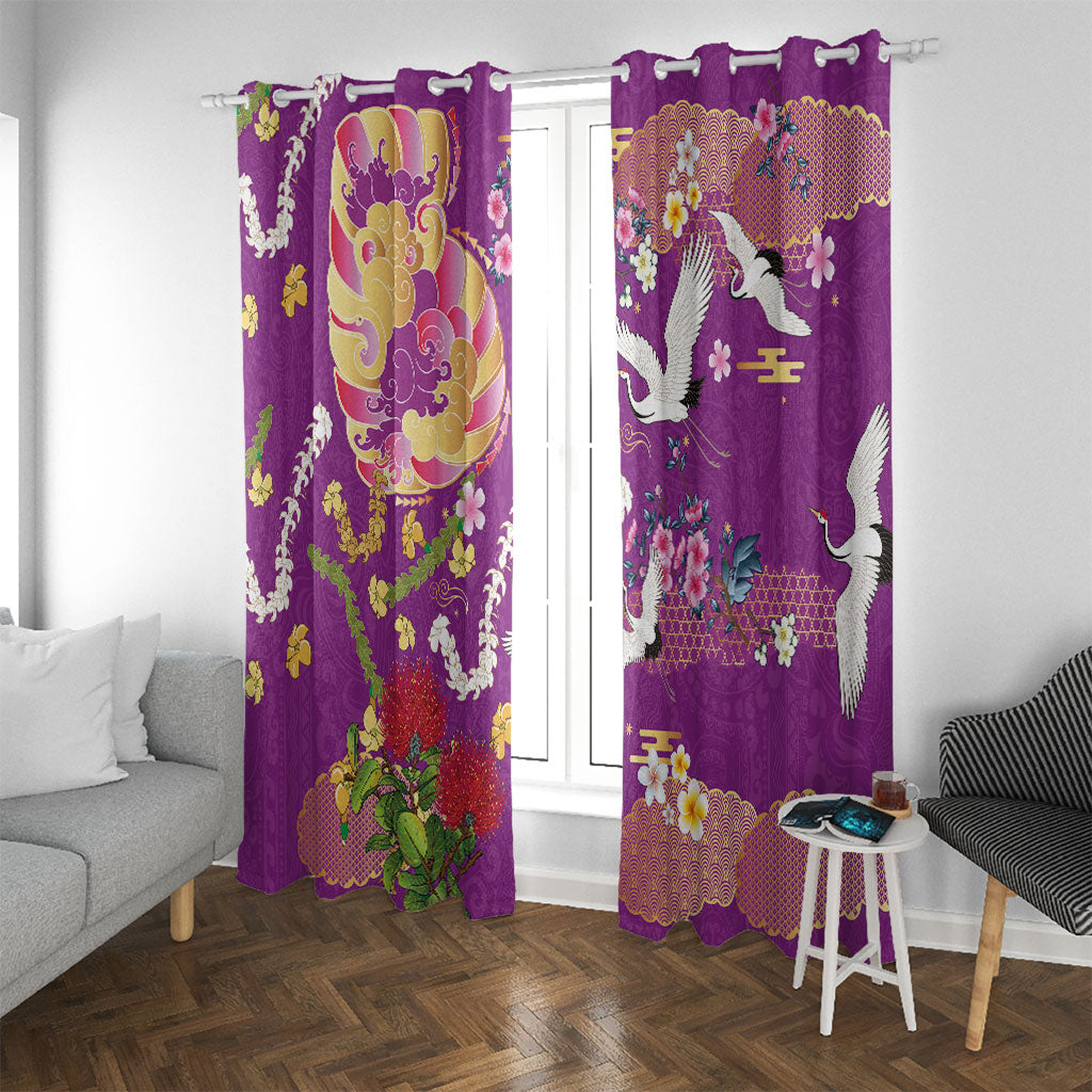 Hawaiian and Japanese Culture Together Window Curtain Kakau Tribal Pattern and Irezumi Art Purple Color