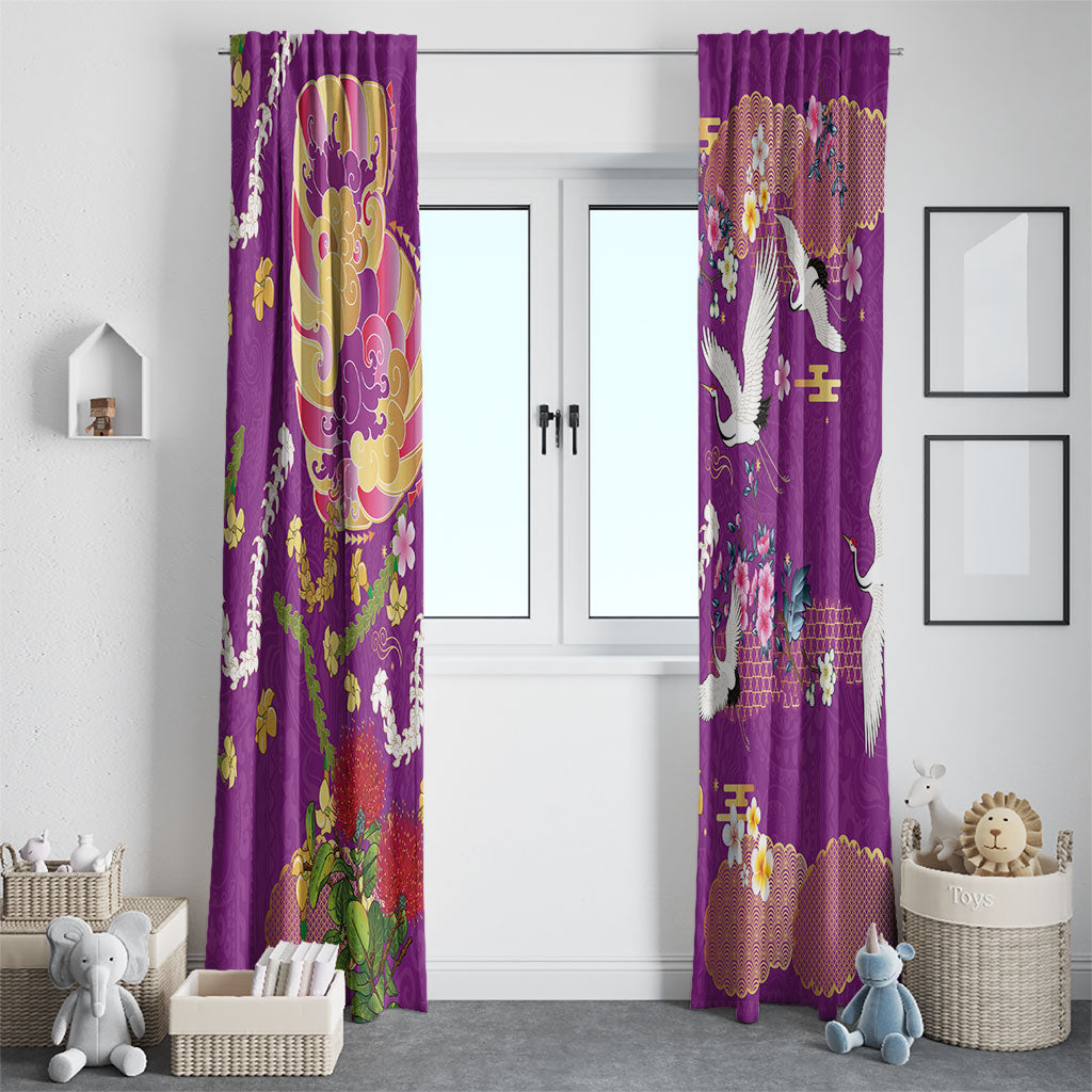 Hawaiian and Japanese Culture Together Window Curtain Kakau Tribal Pattern and Irezumi Art Purple Color