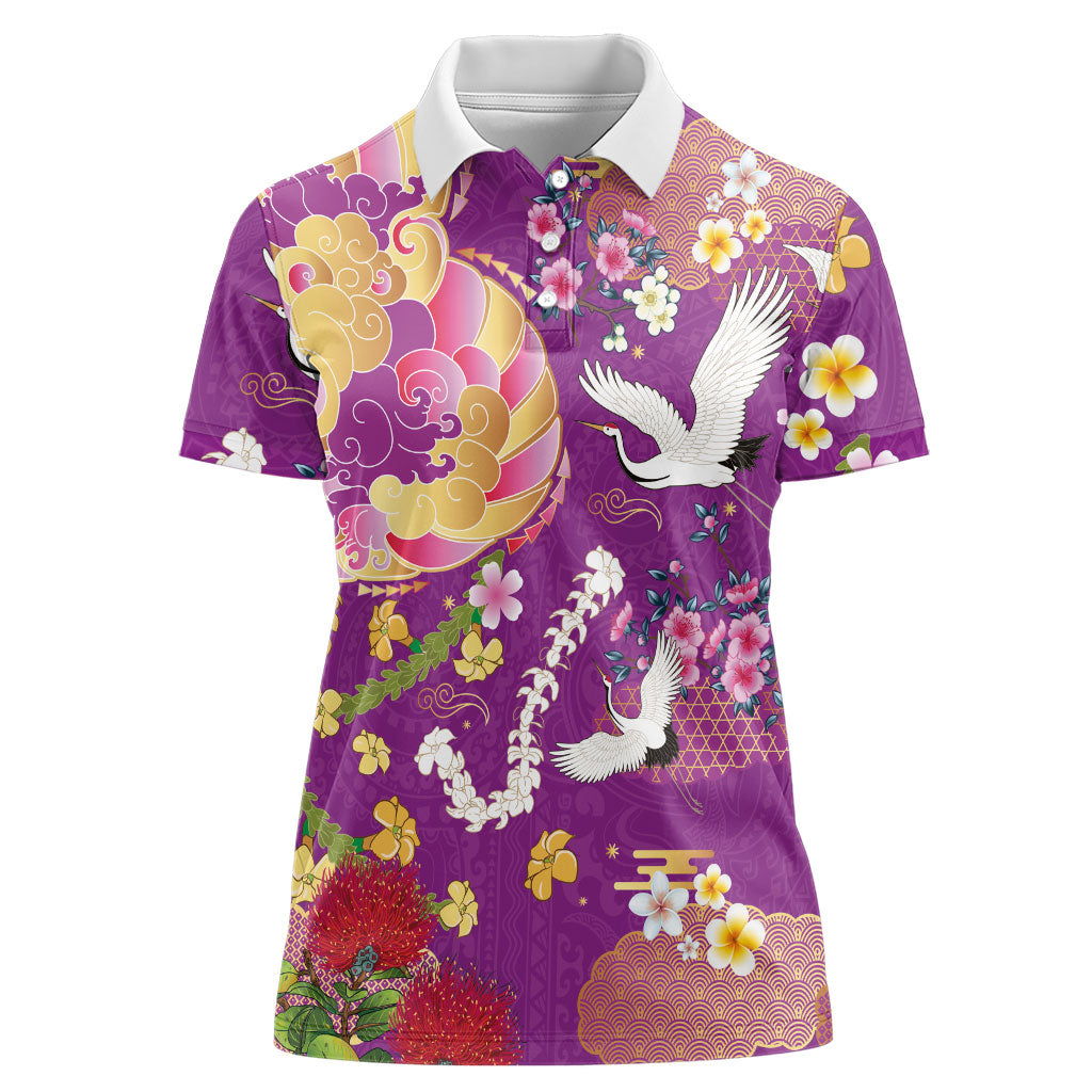 Hawaiian and Japanese Culture Together Women Polo Shirt Kakau Tribal Pattern and Irezumi Art Purple Color