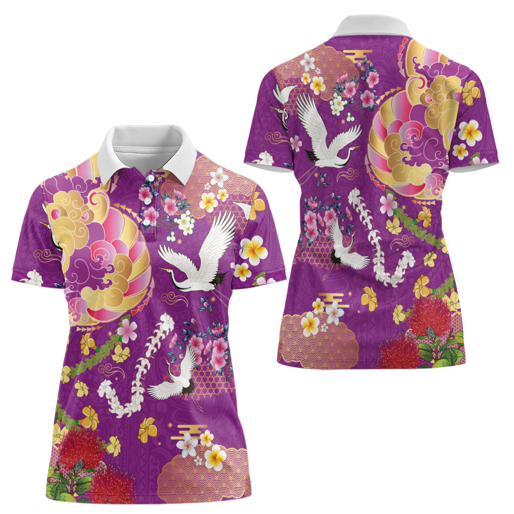 Hawaiian and Japanese Culture Together Women Polo Shirt Kakau Tribal Pattern and Irezumi Art Purple Color