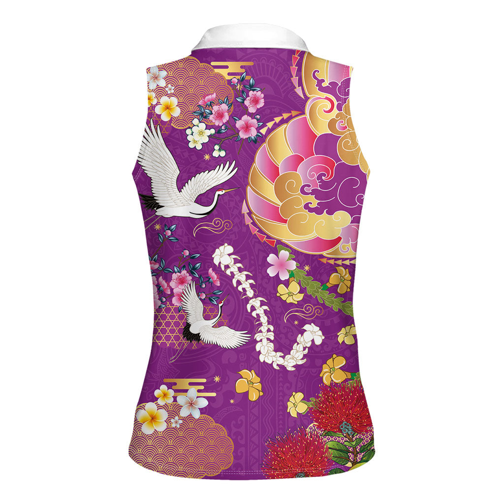 Hawaiian and Japanese Culture Together Women Sleeveless Polo Shirt Kakau Tribal Pattern and Irezumi Art Purple Color