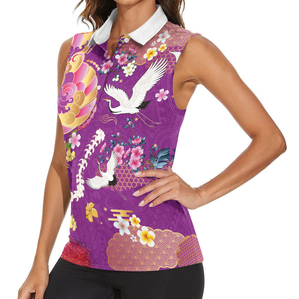 Hawaiian and Japanese Culture Together Women Sleeveless Polo Shirt Kakau Tribal Pattern and Irezumi Art Purple Color