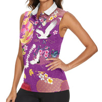 Hawaiian and Japanese Culture Together Women Sleeveless Polo Shirt Kakau Tribal Pattern and Irezumi Art Purple Color