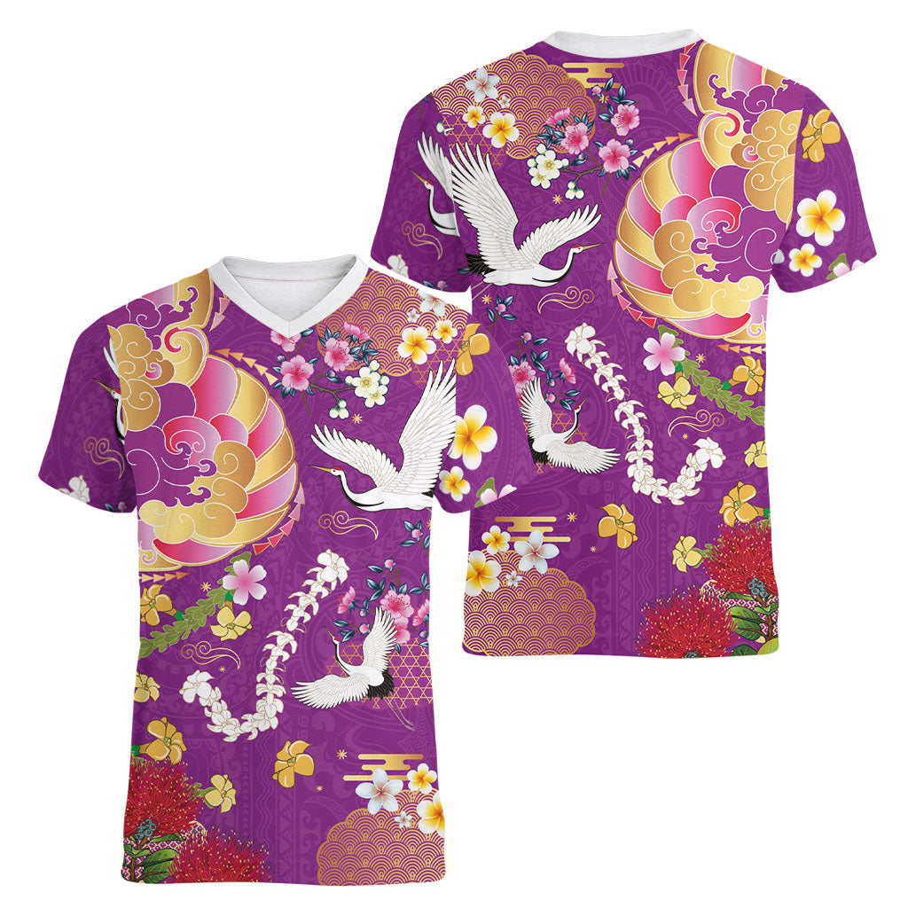 Hawaiian and Japanese Culture Together Women V-Neck T-Shirt Kakau Tribal Pattern and Irezumi Art Purple Color