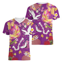 Hawaiian and Japanese Culture Together Women V-Neck T-Shirt Kakau Tribal Pattern and Irezumi Art Purple Color