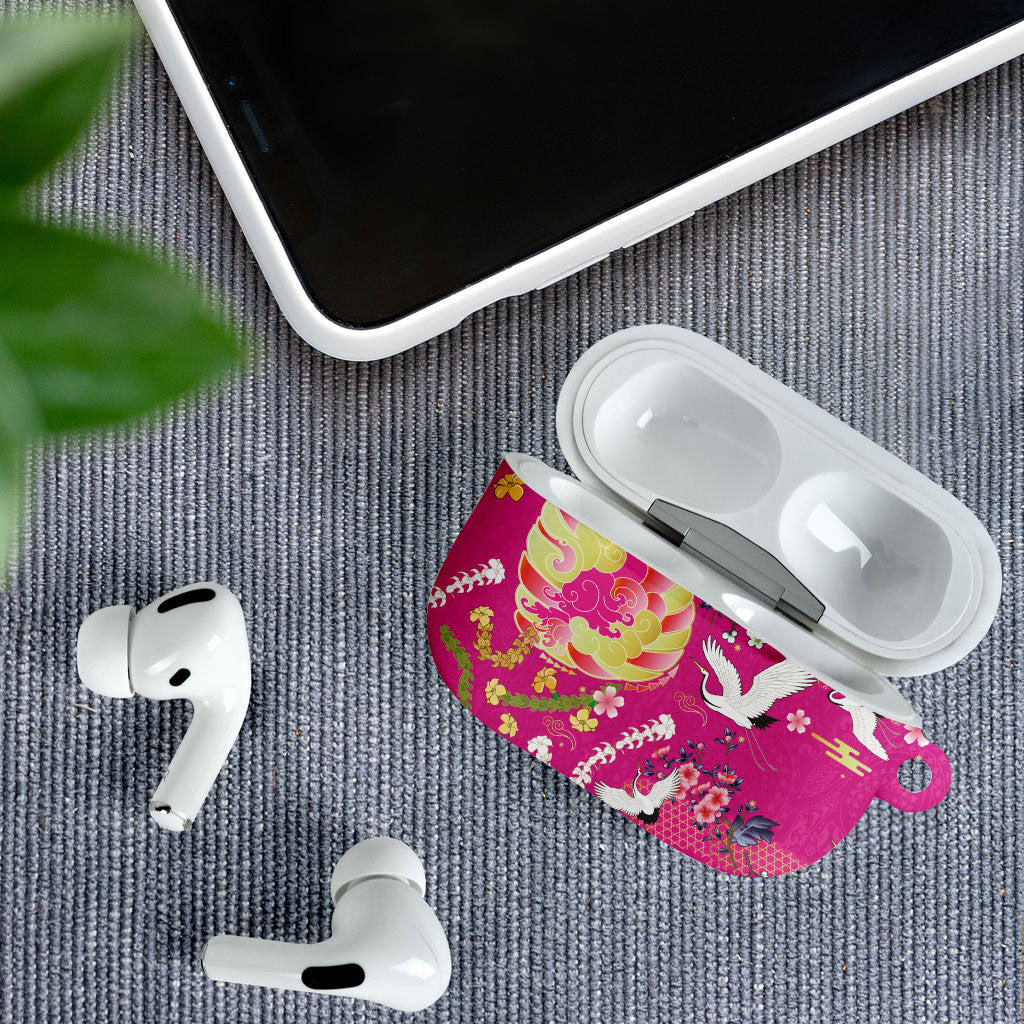 Hawaiian and Japanese Culture Together AirPods Case Kakau Tribal Pattern and Irezumi Art Pink Color