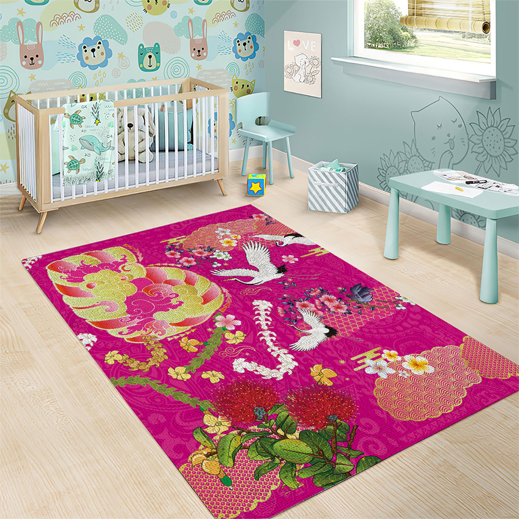 Hawaiian and Japanese Culture Together Area Rug Kakau Tribal Pattern and Irezumi Art Pink Color