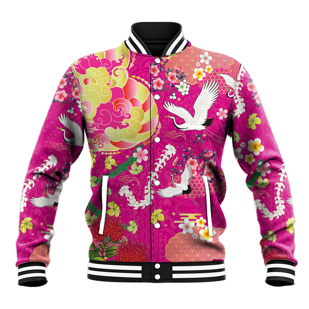 Hawaiian and Japanese Culture Together Baseball Jacket Kakau Tribal Pattern and Irezumi Art Pink Color