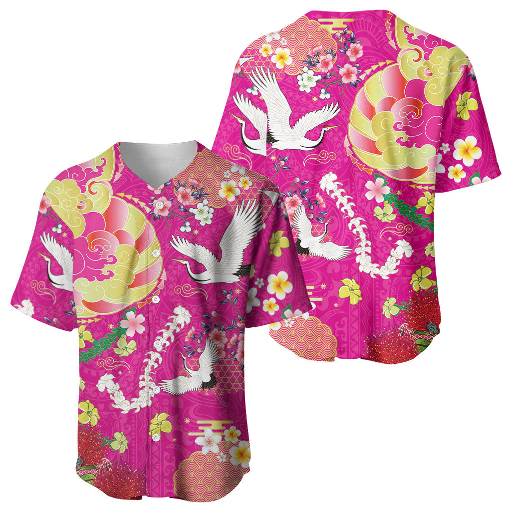 Hawaiian and Japanese Culture Together Baseball Jersey Kakau Tribal Pattern and Irezumi Art Pink Color