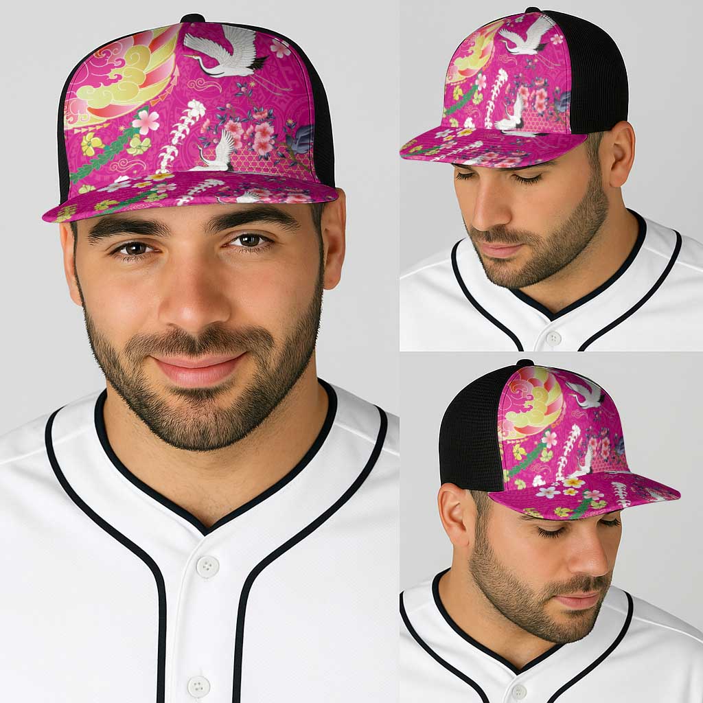 Hawaiian and Japanese Culture Together Baseball Net Cap Kakau Tribal Pattern and Irezumi Art Pink Color