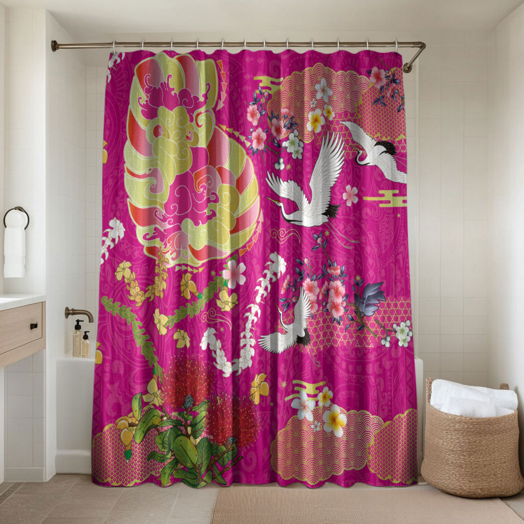 Hawaiian and Japanese Culture Together Bathroom Set Kakau Tribal Pattern and Irezumi Art Pink Color