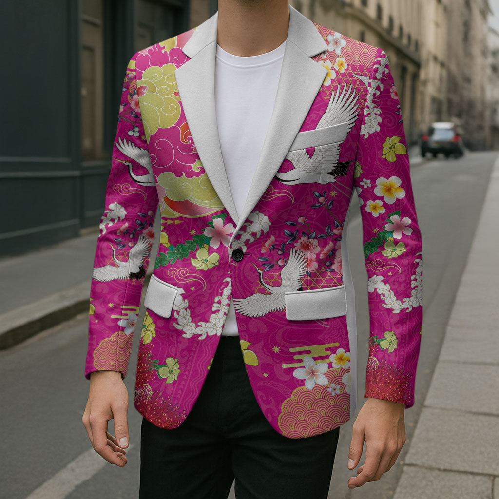 Hawaiian and Japanese Culture Together Blazer Kakau Tribal Pattern and Irezumi Art Pink Color