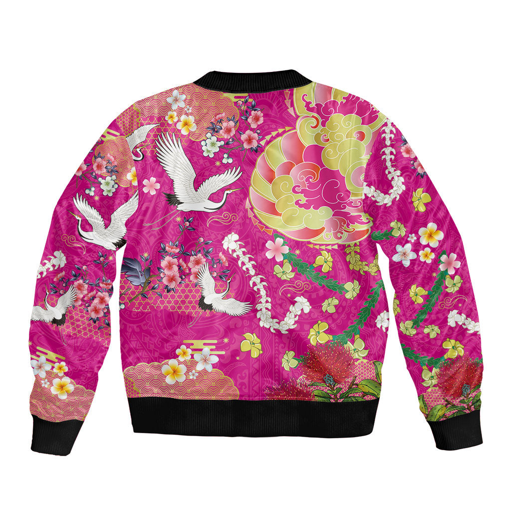 Hawaiian and Japanese Culture Together Bomber Jacket Kakau Tribal Pattern and Irezumi Art Pink Color