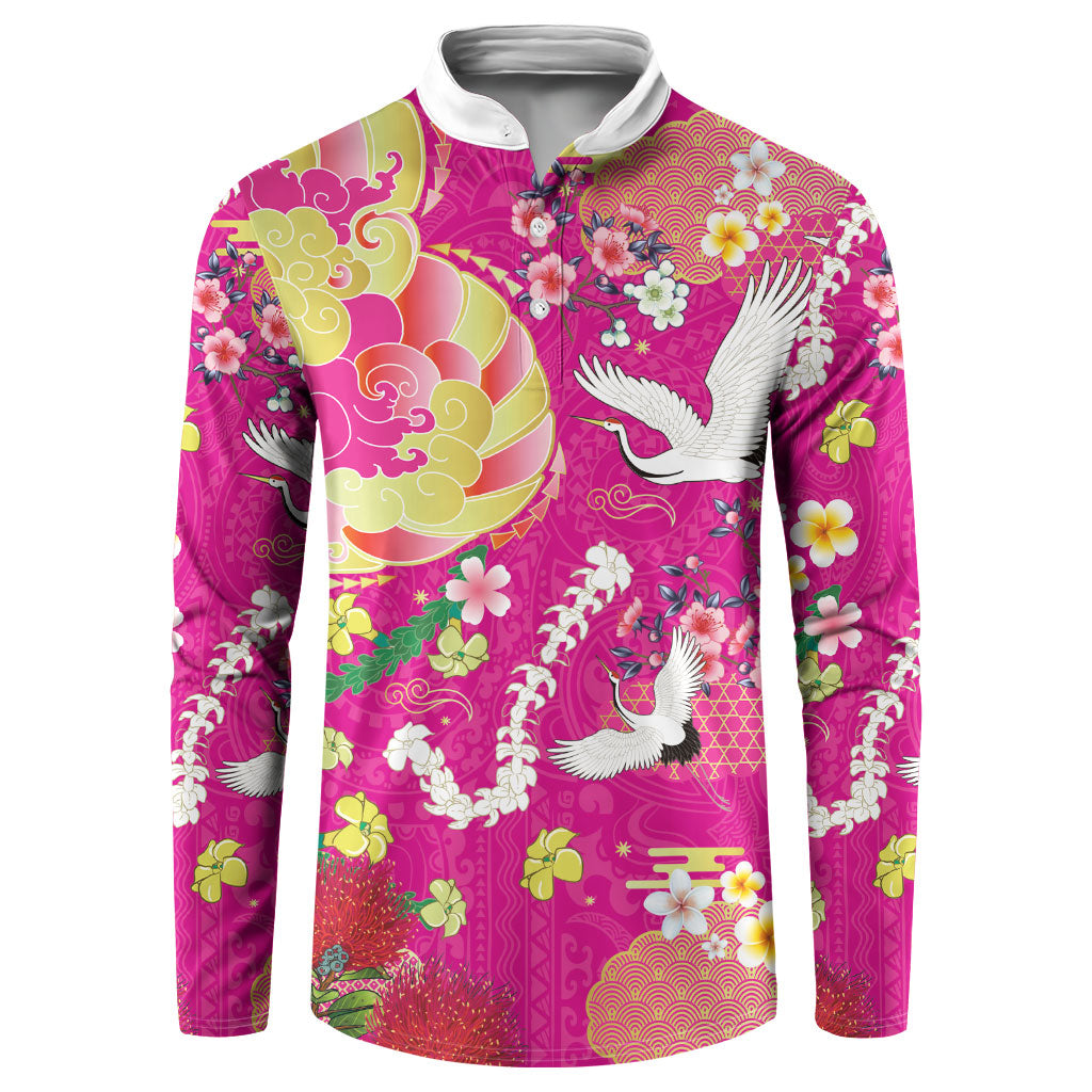Hawaiian and Japanese Culture Together Button Sweatshirt Kakau Tribal Pattern and Irezumi Art Pink Color LT03 Pink - Polynesian Pride