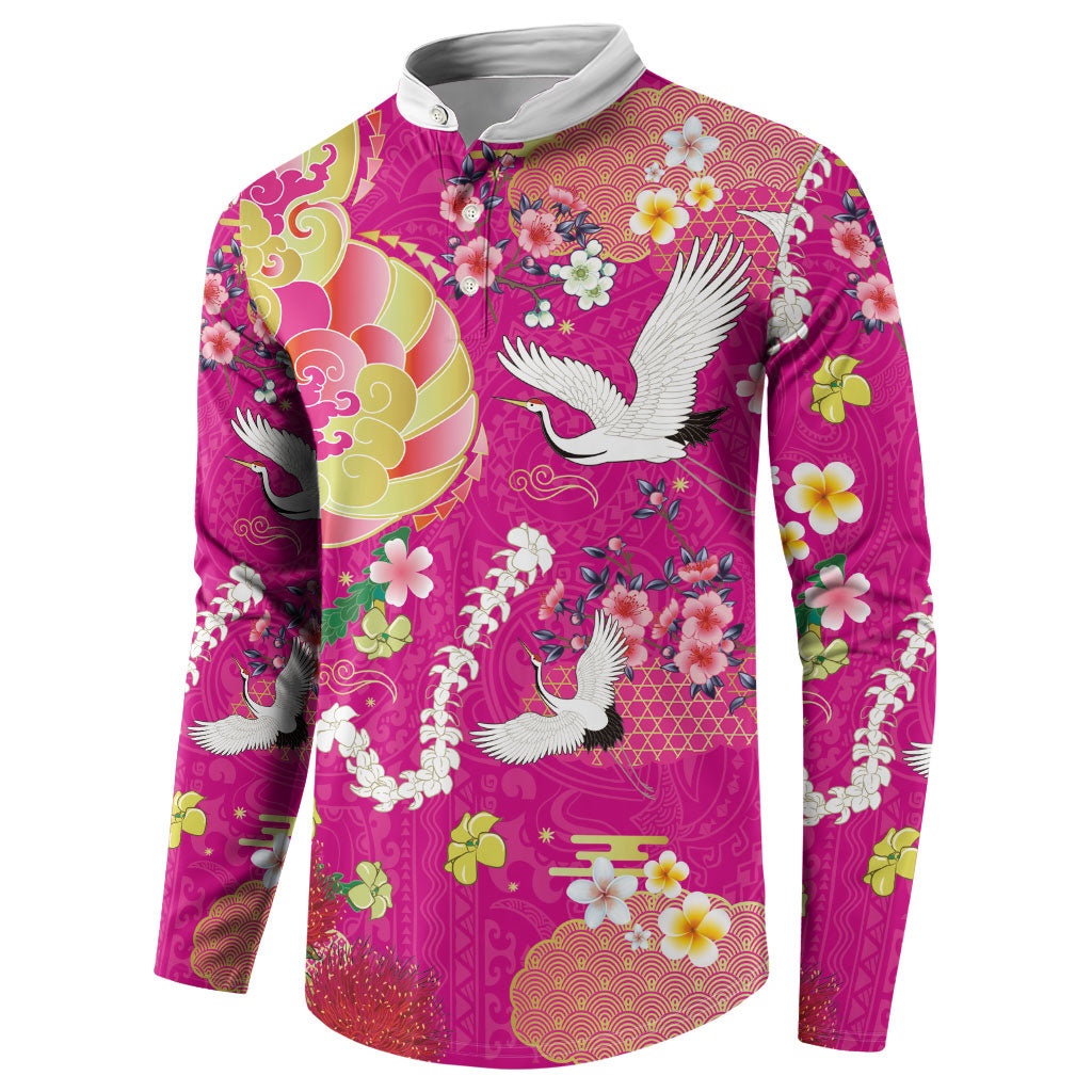 Hawaiian and Japanese Culture Together Button Sweatshirt Kakau Tribal Pattern and Irezumi Art Pink Color