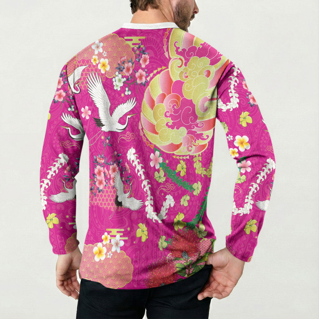 Hawaiian and Japanese Culture Together Button Sweatshirt Kakau Tribal Pattern and Irezumi Art Pink Color