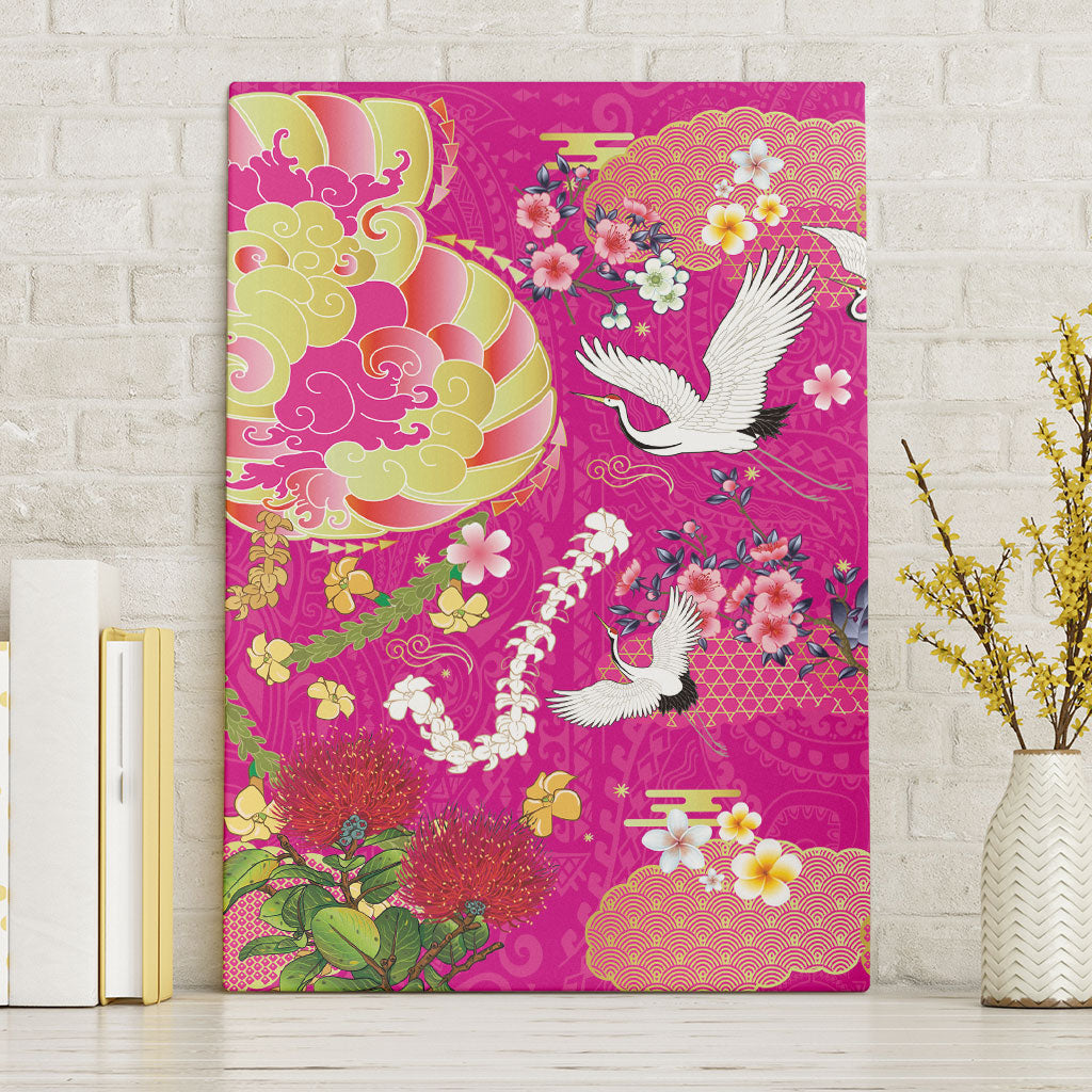 Hawaiian and Japanese Culture Together Canvas Wall Art Kakau Tribal Pattern and Irezumi Art Pink Color