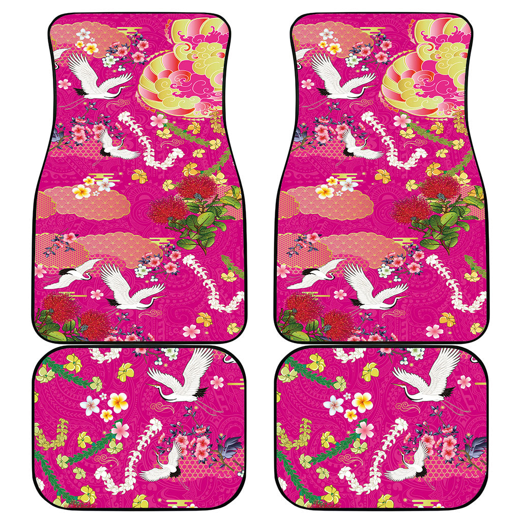 Hawaiian and Japanese Culture Together Car Mats Kakau Tribal Pattern and Irezumi Art Pink Color