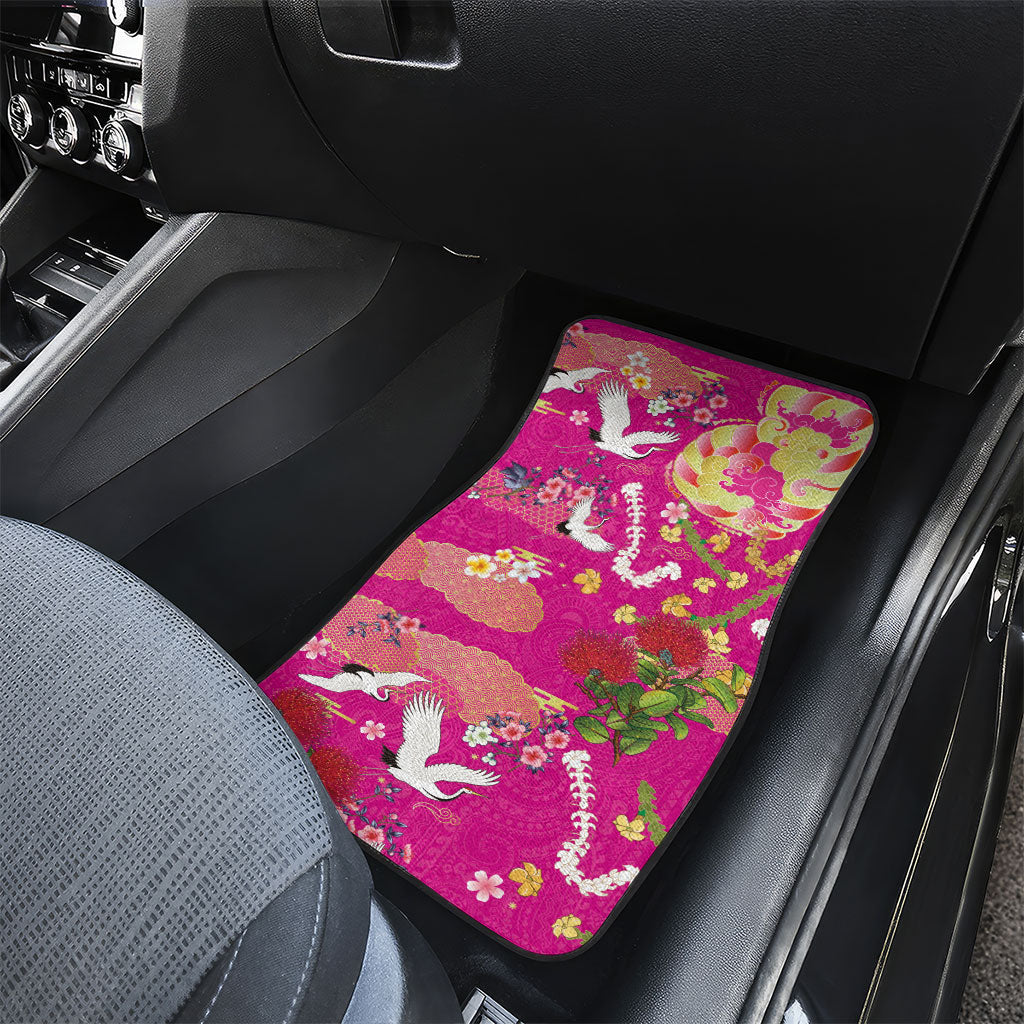 Hawaiian and Japanese Culture Together Car Mats Kakau Tribal Pattern and Irezumi Art Pink Color