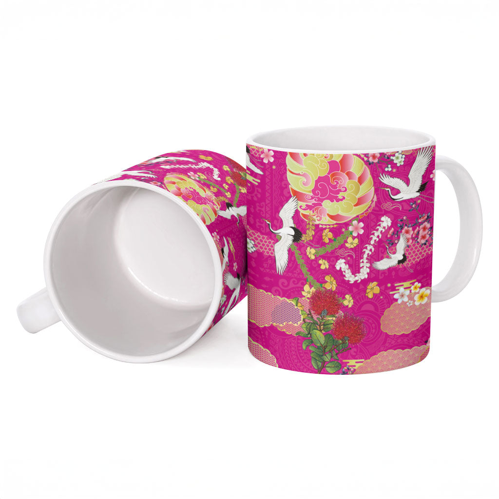 Hawaiian and Japanese Culture Together Ceramic Mug Kakau Tribal Pattern and Irezumi Art Pink Color