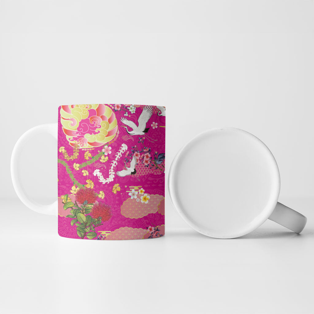 Hawaiian and Japanese Culture Together Ceramic Mug Kakau Tribal Pattern and Irezumi Art Pink Color