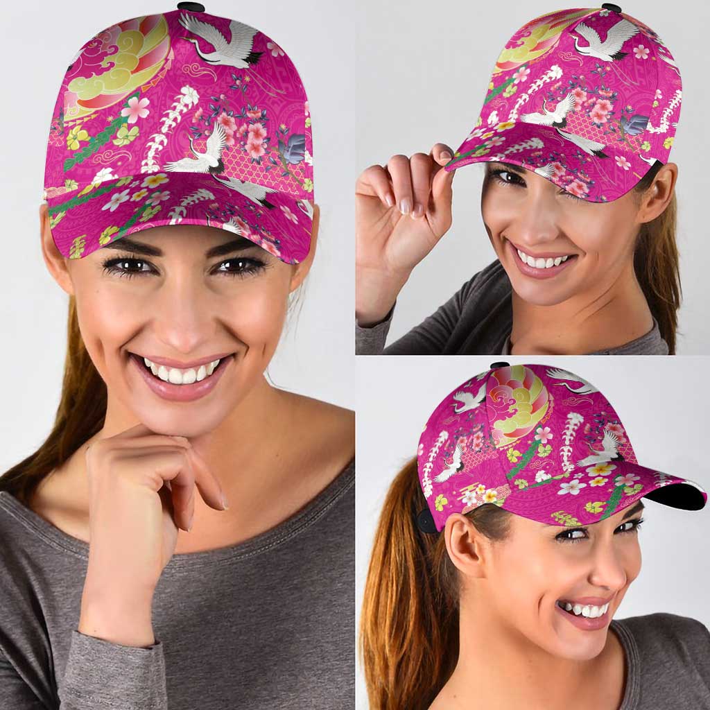 Hawaiian and Japanese Culture Together Classic Cap Kakau Tribal Pattern and Irezumi Art Pink Color