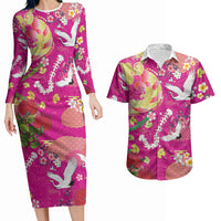 Hawaiian and Japanese Culture Together Couples Matching Long Sleeve Bodycon Dress and Hawaiian Shirt Kakau Tribal Pattern and Irezumi Art Pink Color