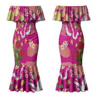 Hawaiian and Japanese Culture Together Couples Matching Mermaid Dress and Hawaiian Shirt Kakau Tribal Pattern and Irezumi Art Pink Color